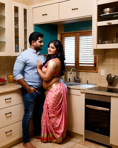 a man lift a beautiful gorgeous plump indian woman in kitchen