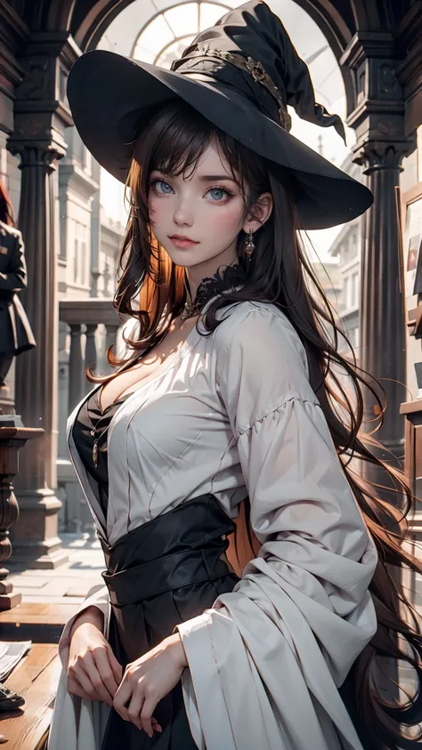 (masterpiece), (Artwork), (great work), (Detailed eyes), (Delicate skin), (heterochromatic eyes), (Multicolor), (Short white hair with bangs), (Sparkling eyes), (One girl) Wearing a witch hat, Ancient, old, Dressed in gorgeous medieval costume, masterpiece...