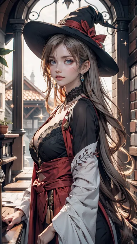 (masterpiece), (Artwork), (great work), (Detailed eyes), (Delicate skin), (heterochromatic eyes), (Multicolor), (Short white hair with bangs), (Sparkling eyes), (One girl) Wearing a witch hat, Ancient, old, Dressed in gorgeous medieval costume, masterpiece...