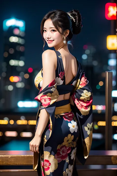 create an image of a stunning japanese beauty in a captivating, sensuous setting. she's at an exclusive, late-night tokyo roofto...