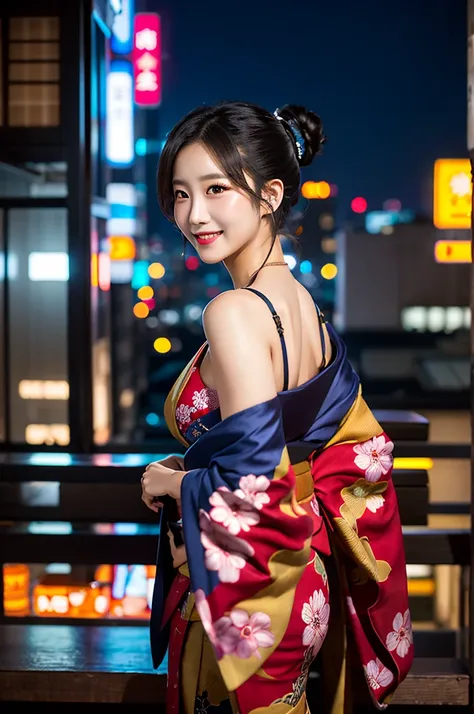 create an image of a stunning japanese beauty in a captivating, sensuous setting. she's at an exclusive, late-night tokyo roofto...