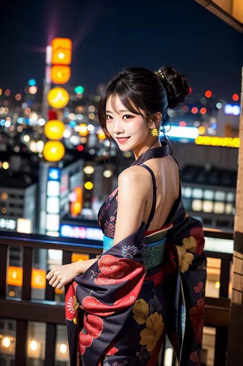 create an image of a stunning japanese beauty in a captivating, sensuous setting. she's at an exclusive, late-night tokyo roofto...