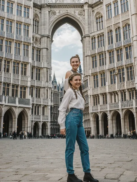 her name is Chrsotine, high quality, 1girl, ((20-year-old fit Caucasian woman)), ((20 years old)), ((fit)), ((Halo Braid)), pose: standing, wearing unique Generation-Z modern wear, BACKGROUND: Grand Place, Brussels: Stunning architecture and vibrant city l...