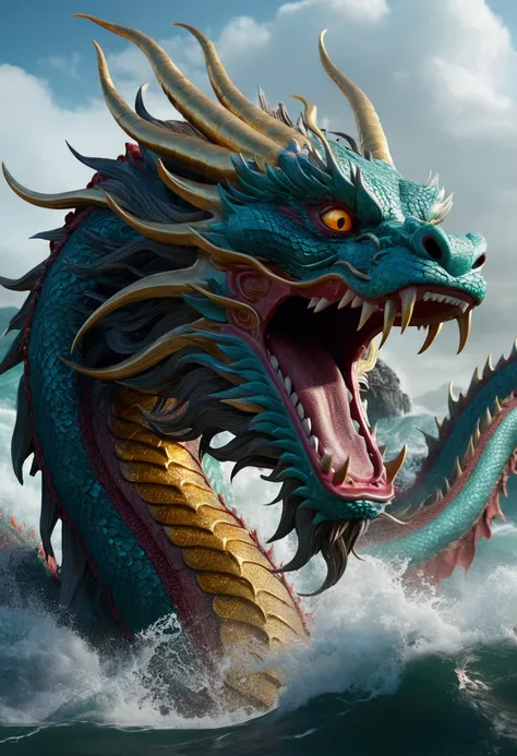 Highly detailed 8k rendering, ultra-detailed Chinese dragon, crashing waves, Chinese style, masterpiece, realistic, cinematic lighting, dramatic atmosphere, complex scale, powerful presence, flowing motion, glowing eyes, open mouth, sharp teeth, coiled dra...