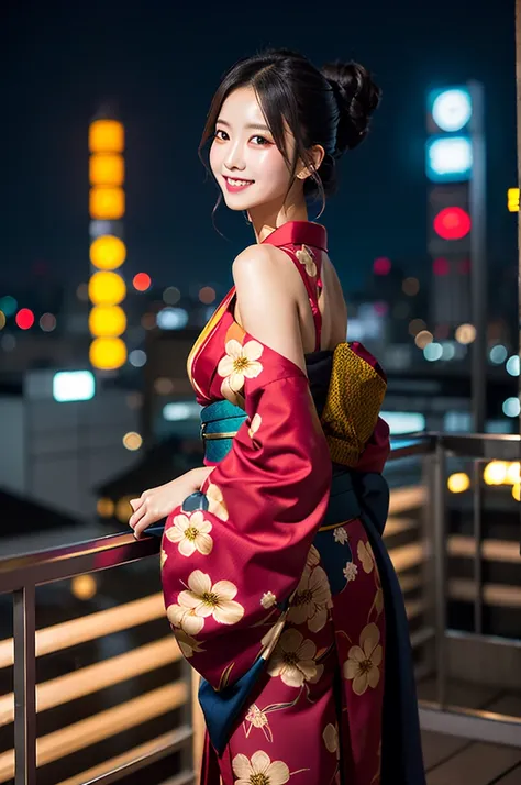 create an image of a stunning japanese beauty in a captivating, sensuous setting. she's at an exclusive, late-night tokyo roofto...