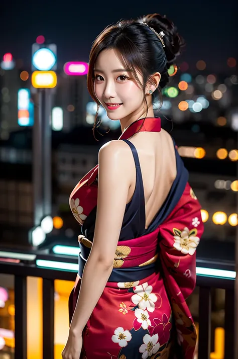 create an image of a stunning japanese beauty in a captivating, sensuous setting. she's at an exclusive, late-night tokyo roofto...