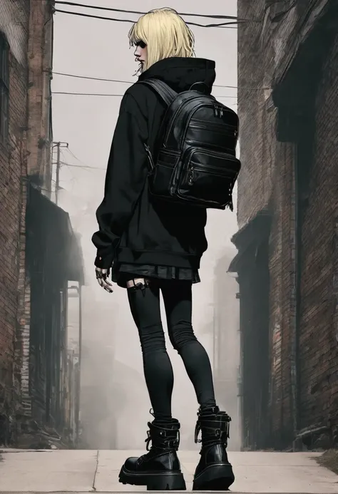 Alternative goth faceless muscled and tall long sliver blonde hair boy walking in black punk plataform boots and a long skirt in a vintage style, a black backpack, musculed legs and solid background 