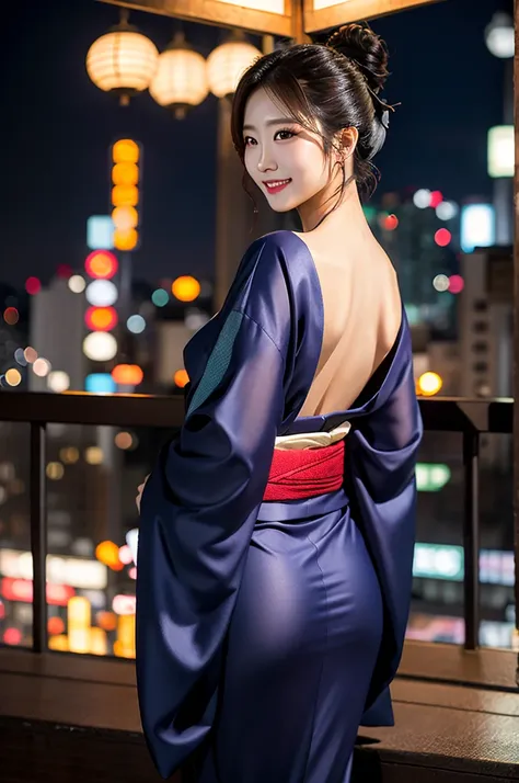 create an image of a stunning japanese beauty in a captivating, sensuous setting. she's at an exclusive, late-night tokyo roofto...