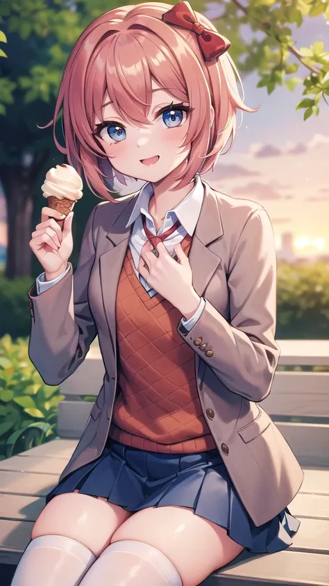 Masterpiece, perfect lighting, (beautiful, Best quality: 1.3), ddlcsayori, ddlcsayori, Perfect eyes, absurd, 8k, 1 girl, alone, (absurds), finely detailed, perfect hands, perfect anatomy, very large, smiling, mouth open, in love, looking at viewer, posing ...