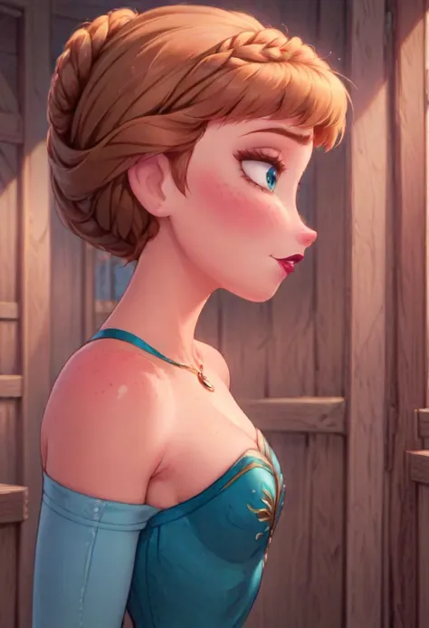 ((masterpiece, best quality)), disney reference, (anna), anna grins, lipstick, freckles on face, upper body: bare shoulders, ski...