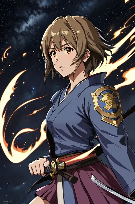 Highest quality，High resolution， (((Yukiho Hagiwara))) ，((Idolmaster)) ，One person，warrior，（dark blue_coat），kimono，Young woman，((Bob_Hairstyle)) ，roar，intense，Aggressive，One personで，strongest，Anime Style，（Milky Way_background），(Limbs)，(Full Finger)， (The f...