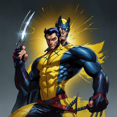 Master Piece, best quality, (extremely detailed CG unity 8k wallpaper), (best quality) 8k detail. wolverine with a knife and a glove on his chest, wolverine action pose, wolverine, wolverine ate, portrait of wolverine, boris johnson as wolverine, spiderman...