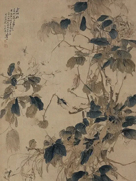 1 lin nan,chinese, flowers, birds, leaves, ink, rice paper, factory details, vein, plant textures, layering, beautifully, clear,...