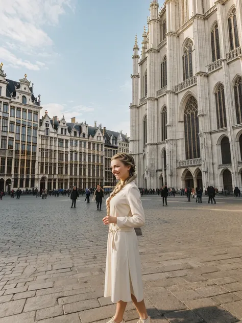 her name is Chrsotine, high quality, 1girl, ((20-year-old fit Caucasian woman)), ((20 years old)), ((fit)), ((Halo Braid)), pose: standing, wearing unique Generation-Z modern wear, BACKGROUND: Grand Place, Brussels: Stunning architecture and vibrant city l...