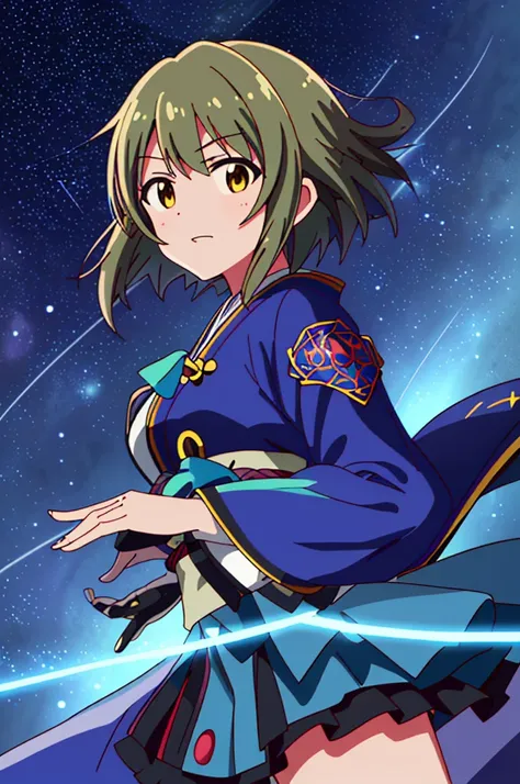 Highest quality，High resolution， (((Yukiho Hagiwara))) ，((Idolmaster)) ，One person，warrior，（dark blue_coat），kimono，Young woman，((Bob_Hairstyle)) ，roar，intense，Aggressive，One personで，strongest，Anime Style，（Milky Way_background），(Limbs)，(Full Finger)， (The f...