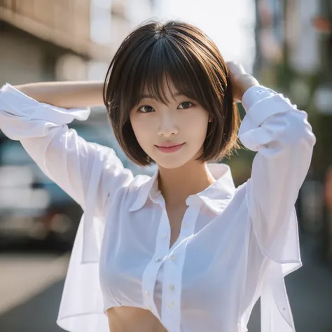 ((Highest quality、In 8K、masterpiece:1.3))、Sharp focus:1.2、Beautiful woman perfect body:1.4、Slim Abs:1.2、((Short Hair:1.2))、(trendy fashion in tokyo、shirt:1.1)、Background white、Wet body:1.5、Three-dimensional texture、Detailed eyes、（Brown Hair、Black Hair:1.2)...