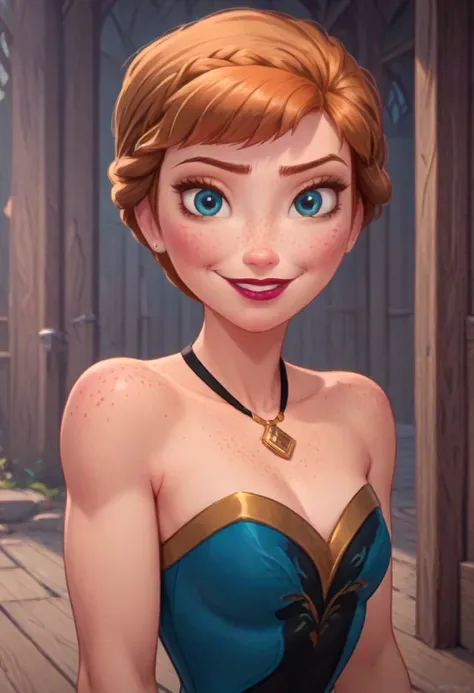 ((masterpiece, best quality)), disney reference, (anna), anna smirks, lipstick, freckles on face, upper body: bare shoulders, sk...