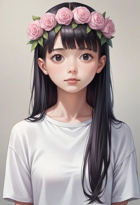 anime girl with long black hair wearing a white shirt and a flower crown, beautiful anime portrait, stunning anime face portrait, beautiful anime girl, kawaii realistic portrait, detailed portrait of anime girl, portrait anime girl, realistic anime 3 d sty...