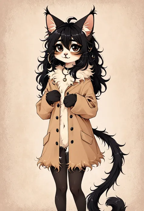 Young furry anthropomorphic cat, creamy brown coat color with pointed black lines and abundant fluffy fur, her cat ears are thin and with dangling earrings, its cat tail with black kines very hairy and fluffy, messy black hair, black eyes with septum pierc...