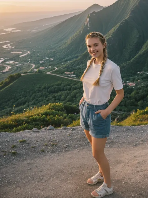 her name is Chrsotine, high quality, 1girl, ((20-year-old fit Caucasian woman)), ((20 years old)), ((fit)), ((Halo Braid)), pose: standing, wearing stylish Generation-Z modern wear, BACKGROUND: La Soufrière Volcano and stunning sunsets, smiling