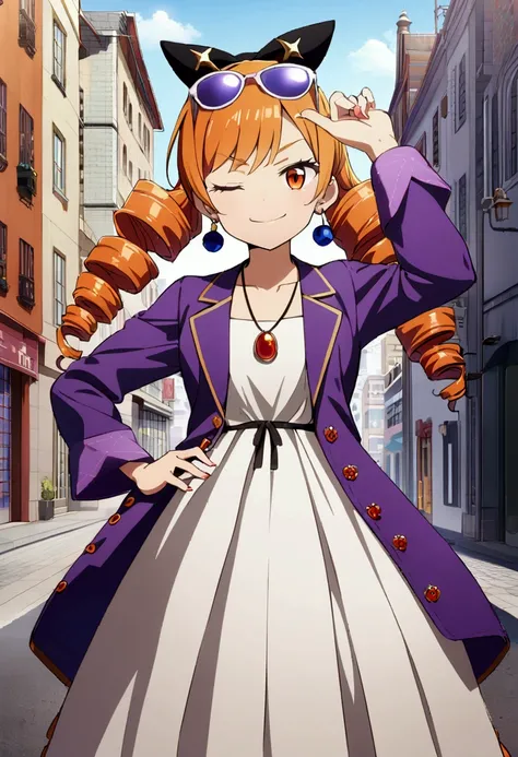 1girl, solo, yorigami joon, orange hair, drill hair, eyewear on head, orange eyes, jewelry, bow, white dress, purple jacket, pendant, earrings, hat, standing, hand on hip, looking at viewer, one eye closed, smirk, outdoors, city 