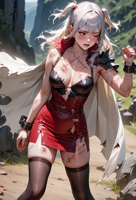 (best quality), (masterpiece), very aesthetic, absurdres, high res, all detailed, realistic, 1girl, (two side up), long hair, silver hair, (red pencil Dress, one side shoulders armor with Cape, red pencil miniskirt), medium cleavage, [black thigh-highs], [...