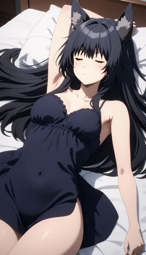 (Highest quality、Masterpiece、Very detailed、4K)、One Woman、17 years old、Dog ears、Jet Black Hair、Long Hair、(((delta)))、chest、arm、((Beautiful armpits))、Thighs、((Sleeping in bed))、