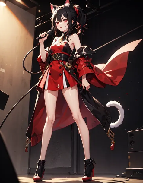 One girl、Red and black hair、Ponytail Hair、Cat ear、Red Eyes、whole body、Down to the feet、Holding a microphone、Are standing