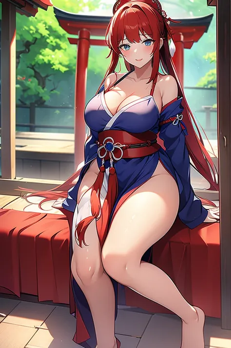 Black long hair、Deep blue eyes、woman、美しいwoman、Large Breasts、red and white shrine maiden clothes、A shrine maiden outfit that shows off her cleavage、Shrine Background、Outdoor、During sexual intercourse、On the bed、orgasm、Shrine maiden costume with hidden curve...