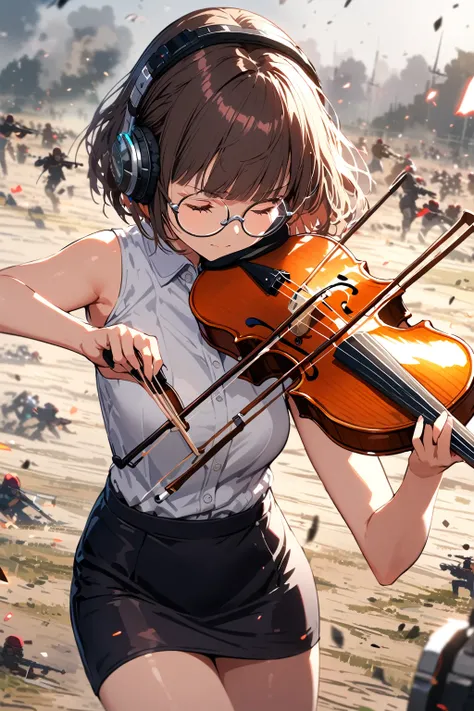 (extremely detailed fine touch:1.3), (((semi-rimless round eyewear:1.3))), (headphone:1.2), short hair, blunt bangs, 1girl, solo, Playing a violin, pencil skirt, bare arms, battle field,