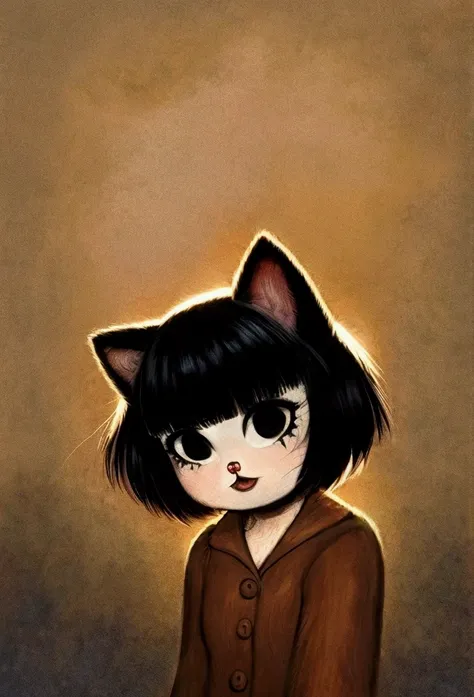 young furry anthropomorphic cat, creamy brown coat color with pointed black lines and abundant fluffy fur, her cat ears are thin...