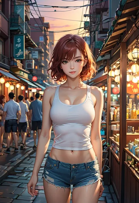 ((Central chest, Tomboy, Small head)), dawn, Sunlight, (Clear abdominal muscles: 1.1), (Perfect body: 1.1), (Short Wavy Hair: 1.2), Auburn hair, Full body image, Crowded streets, Wearing a white vest, ((shorts)), (Highly detailed CG 8K wallpaper), (Very de...