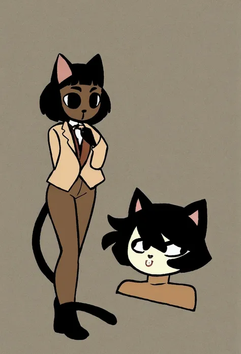 Anthropomorphic furry cat young man, creamy brown coat color with pointed black lines and abundant fluffy fur, her cat ears are thin and with dangling earrings, its cat tail with black kines very hairy and fluffy, messy black hair, black eyes with septum p...