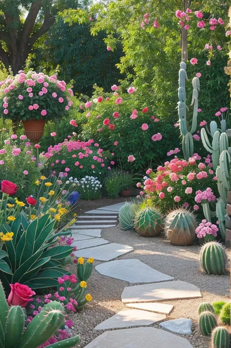 Show a vibrant garden with various plants and flowers, including the Proud Rose standing tall and beautiful, and the Cactus nearby.