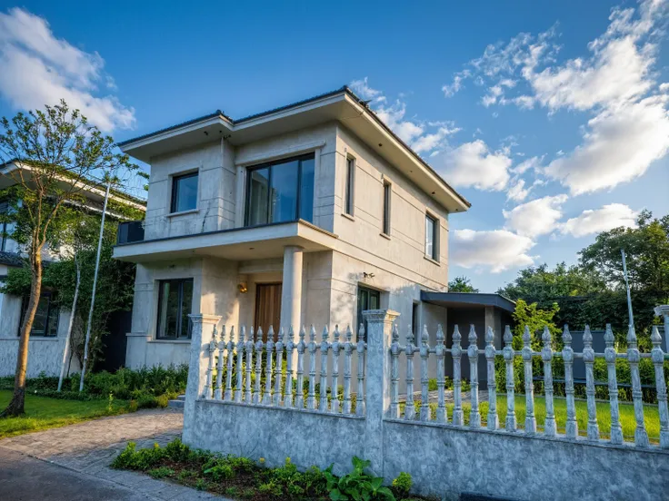 Masterpiece, high quality, best quality, authentic, super detail, outdoors, house style modern,bietthuhn, white wall, glass windows, gate road,pavement, grass, trees,blue sky, cloud, (day:1.1), realistic lighting