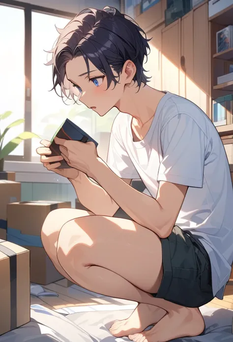 masterpiece, best quality, extremely detailed, ultra detailed, flat anime, 2D,
((1boy)),black hair, (short hair:1.5),blue eyes, height 1.7meters,  (circle eyes:1.2),  (young adult:1.2), Ear-length sideburns,
long Sleeves, White T-shirt, barefoot, ((short s...