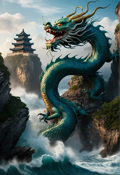 A Chinese dragon is hovering above the sea cliff rocks.  Beneath the sea cliff lie large reefs.  The sea features turbulent waves where waves are leaping back and forth.  Not far behind the dragon stands an ancient pagoda-shaped building.  The style is Chi...