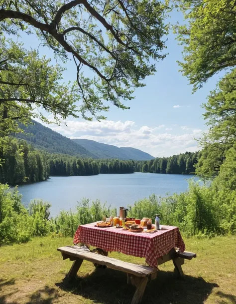 there is a table with food and a tent on it, setting in nature, camping, peaceful environment, summer lake setting, all in the a...