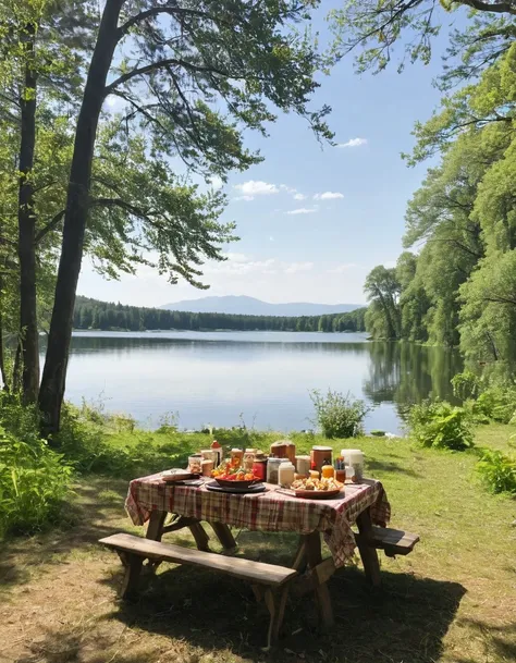 there is a table with food and a tent on it, setting in nature, camping, peaceful environment, summer lake setting, all in the amazing outdoors view, beautiful place, summer setting, lake setting, beautiful environment, outdoors setting, beautiful setting,...