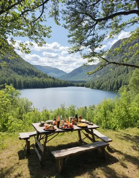 there is a table with food and a tent on it, setting in nature, camping, peaceful environment, summer lake setting, all in the amazing outdoors view, beautiful place, summer setting, lake setting, beautiful environment, outdoors setting, beautiful setting,...