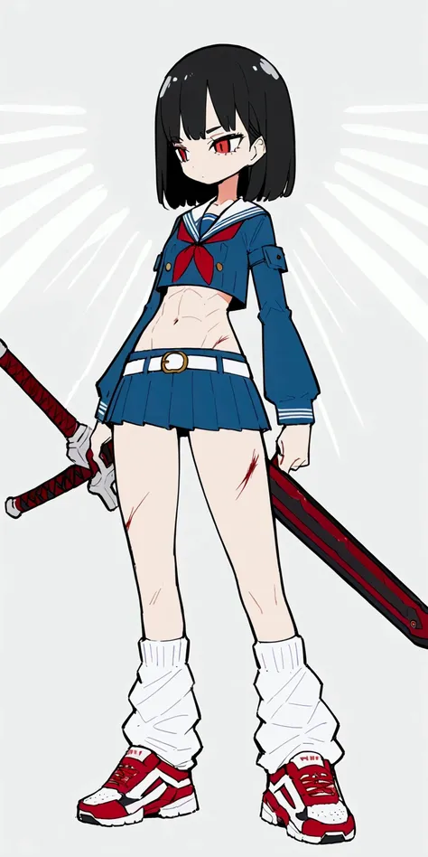 Anime Girls、Six Pack Abs、Black Hair、Medium Hair、Expressionless、Red glowing eyes、detailed、Highest quality、masterpiece、mini skirt、belly button、solo、skinny body、Narrow waist、Are standing、Sailor suit、Bloody、bandage、injury、loose socks、sneakers、Sword on waist、be...