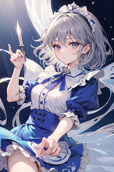 ((16 Nights Sakiya)), ((Touhou Project)), Cosplay, 20-year-old woman, (((gray hair)), ((medium spiky hair)), ((blue maid outfit)), ((white blouse)), midchest, (light)))), (pose))), (photorealistic photo: 1.3), rim lighting, (high detail skin:1.2), 8K UHD, ...