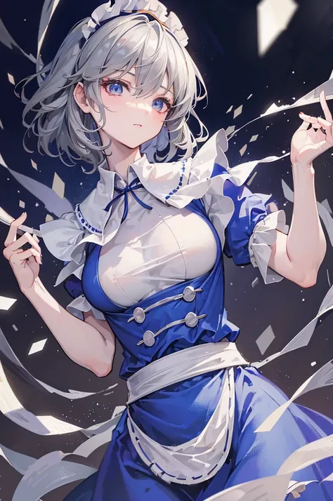 ((16 Nights Sakiya)), ((Touhou Project)), Cosplay, 20-year-old woman, (((gray hair)), ((medium spiky hair)), ((blue maid outfit)), ((white blouse)), midchest, (light)))), (pose))), (photorealistic photo: 1.3), rim lighting, (high detail skin:1.2), 8K UHD, ...