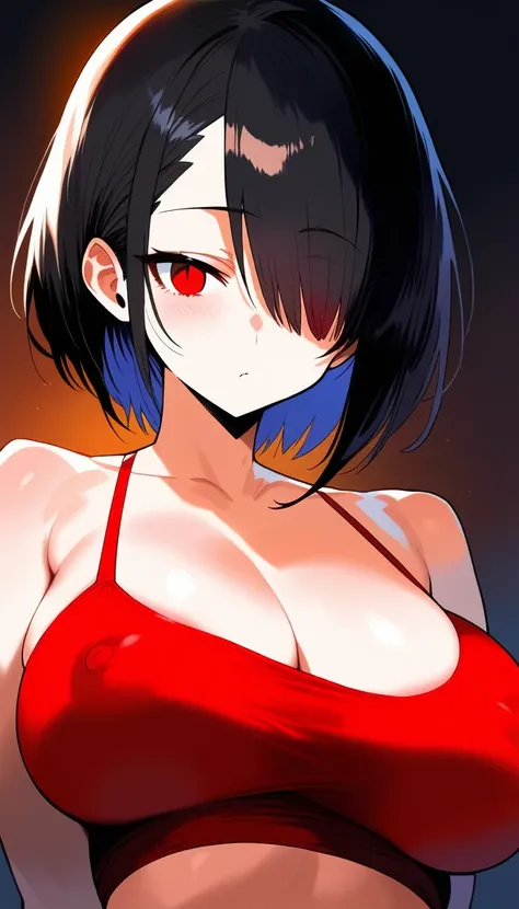 score_9, score_8_up, score_7_up, score_6_up, score_5_up, score_4_up,(Black Hair),(Orange inner color),short hair,(Red eyes),Gentle expression,(((Hair on one eye))),very big breasts,Erect nipples,