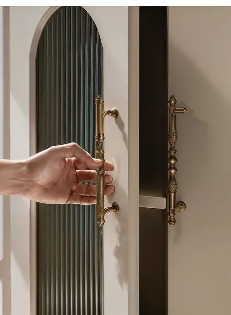 Someone opens the door with the handle and hand, exquisite handle, Metal credit, exquisite and smooth details, Fine details, 精致Intricate details, Attention to detail, 高Fine details, High-precision details, Fine details, Intricate details, Meticulous attent...