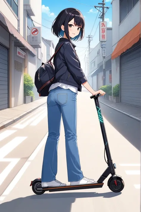 Pants Style,jeans,denim,Anime artwork 2D, One girl, electric scooter, Are standing, Motion Lines, road, Riding a electric scooter down the street . Anime Style, Key Visual, Vibrant, Studio Anime,  Very detailed