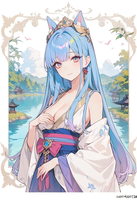 The most beautiful girl in the world,Character portrait,masterpiece, best quality, Official Art, 8k wallpaper, Very detailed, illustration, 1 girl, Sky blue hair, Long hair, Delicate eyes, Forrest Gump, Bare shoulders, Hanfu, lake, pure, Gentle smile, 