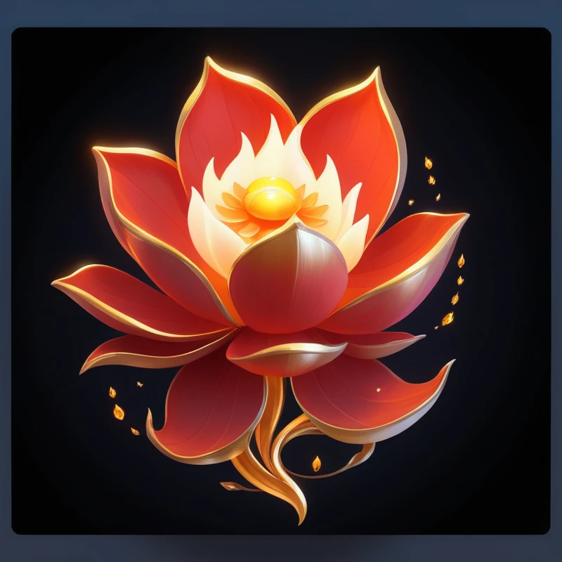 There is a red flower，There is a goldfish inside, Glowing delicate flowers, Programming art, Holy Flame Crown Spell, Artifact dota2, Programming, Magic spell icon, Programming painting, Has a blooming and ethereal effect, Programming concept art, lotus, Ga...