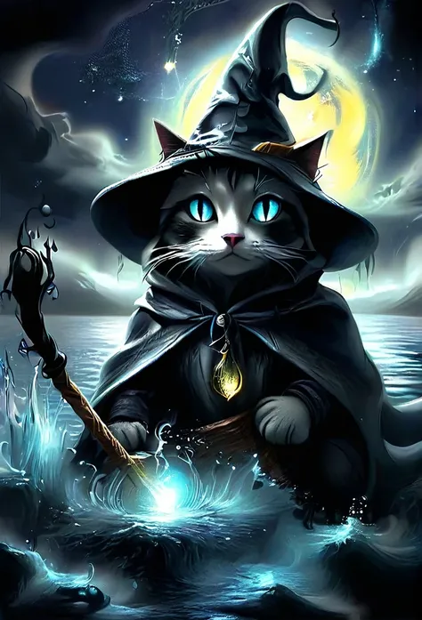 ((Wizard Cat, Hooded Wizard Clothes, Magic効果, amazing:1.5)), Until then:1.4, (masterpiece),(Highest quality:1.0), (Ultra-high resolution:1.0), Detailed painting, Complex, water scenery, (( Magic, beautiful, From another world:1.4 )), (( Highest quality, Vi...