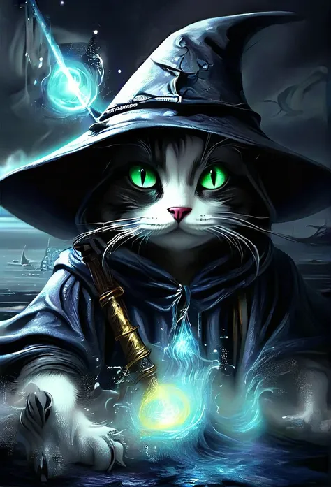 ((Wizard Cat, Hooded Wizard Clothes, Magic効果, amazing:1.5)), Until then:1.4, (masterpiece),(Highest quality:1.0), (Ultra-high resolution:1.0), Detailed painting, Complex, water scenery, (( Magic, beautiful, From another world:1.4 )), (( Highest quality, Vi...